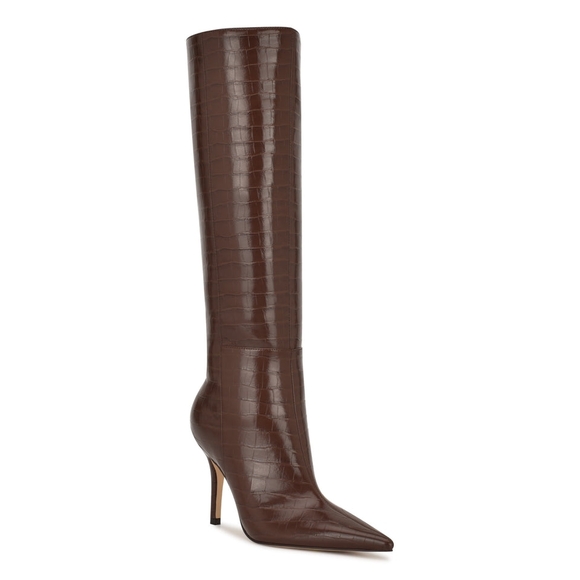 Nine West Shoes - Nine West Dark Brown Croc-Embossed Heeled Boots